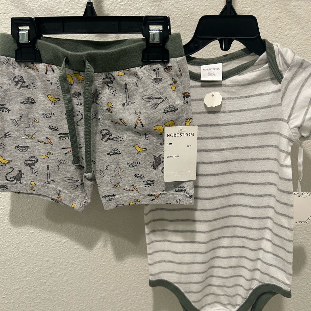 Nordstrom Gray Striped Onesie and Patterned Shorts Set